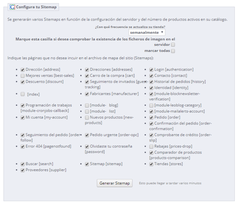 Ejemplo de configuración de sitemap básico para PrestaShop