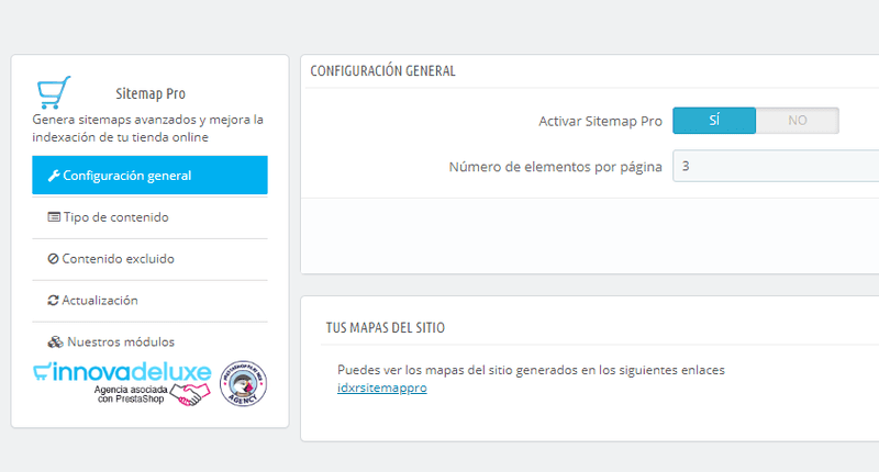 Configuración general del módulo de PrestaShop Sitemap